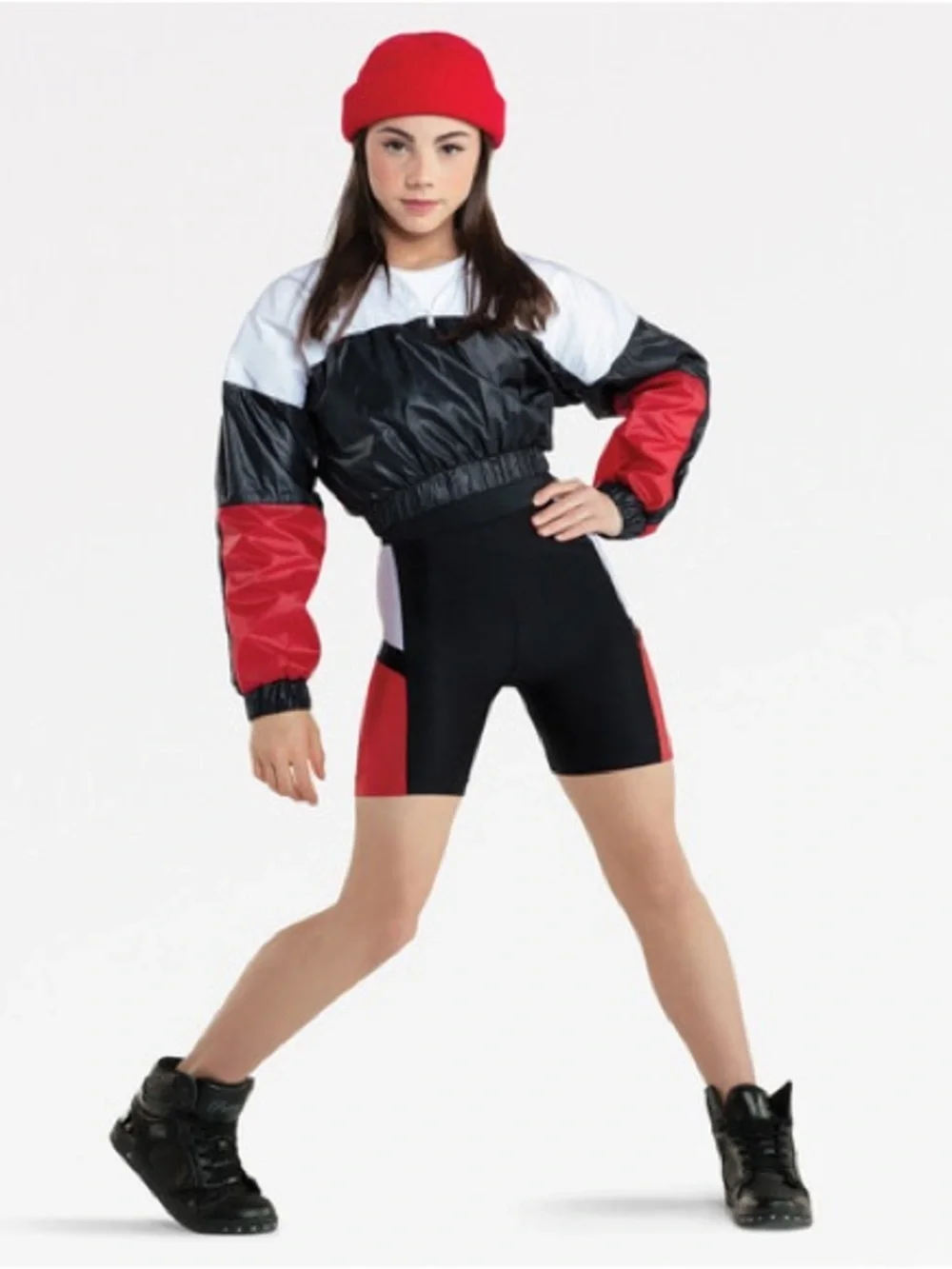 Kids Hip Hop Jacket & Bike Shorts Set - Black & Red Beanie Included